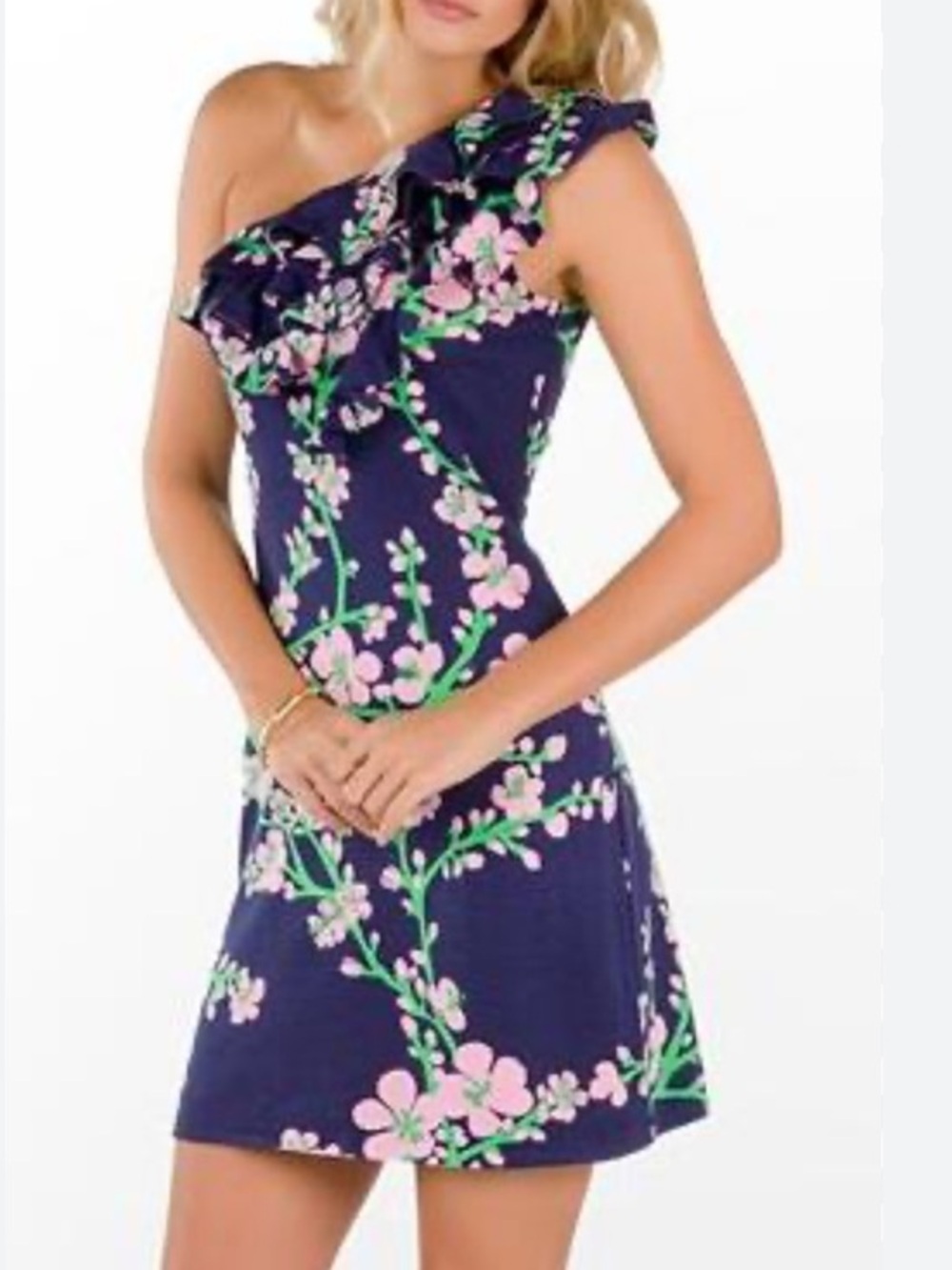 Lilly Pulitzer Whinnie Silk Floral One Shoulder Ruffle Dress XS Summer Party